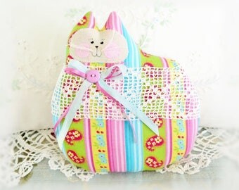 Cat Pillow Doll, 7 inch, Bright Stripes, Primitive Soft Sculpture Handmade CharlotteStyle Decorative Folk Art