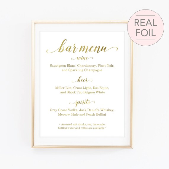 Bar Menu Sign Bar Menu Wedding Sign Gold Bar Menu Wedding