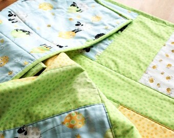 Handmade Baby Boy Quilt, Baby Lamb Blanket, Susybee Fabric Quilt, Green Sheep Crib Bedding, Lamb Nursery Quilt