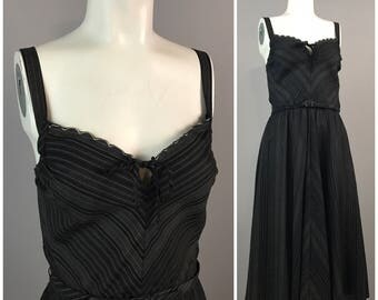 Vintage 1970s 80s Black and Gray Stripe Chevron Sleeveless Belted Dress / Women's XS / Retro Summer Semi Sheer Scallop Dress