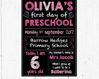First 1st Day of School Sign, Back to school, Pink Girls, Preschool Kindergarten Sign Print, Chalkboard Blackboard Printable