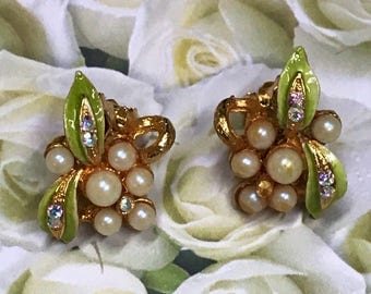 Vintage 50s Enamel Pearl Leaf with AB Rhinestones Clip Earrings