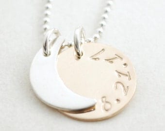 Solar Eclipse Moon Necklace Mixed Metals Gold Filled and Sterling Silver Hand Stamped Date