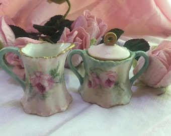 Hand painted porcelain creamer and sugar shabby , antique look