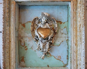 Distressed angel wall sculpture in shadowbox wall hanging shabby cottage chic adorned angelic display home decor anita spero design