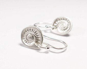 Silver Ammonite Earrings - Fossil Jewellery - Geology Jewelry - Fossil Earrings - Beach Jewellery - Silver Drop Earrings