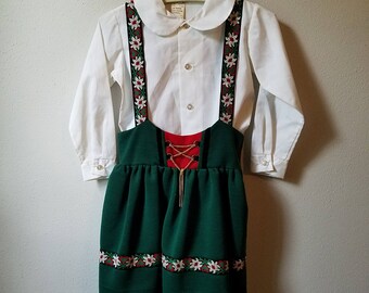 Vintage 60s Girls German Dress in Dark Green with Retro Trim and White Blouse by Elfe - Size 6 - Like New Condition- Oktoberfest