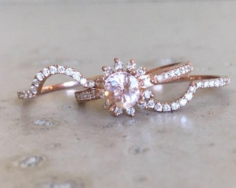 morganite engagement ring set rose gold morganite ring 14k floral engagement ring morganite - Morganite Wedding Ring Set morganite engagement ring set rose gold morganite ring 14k floral engagement ring morganite - Morganite Wedding Ring Set