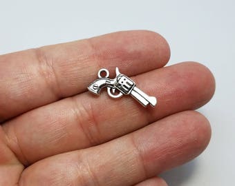 Silver Pistol Charms, 6 Pistol Charms, Gun Charms, Silver Gun Charms