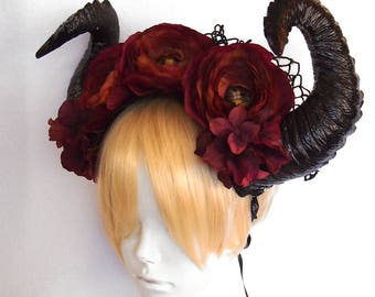 Large Black Ram Horns / Gothic Fantasy Headdress / Burning Man / Satyr Costume / Pagan
