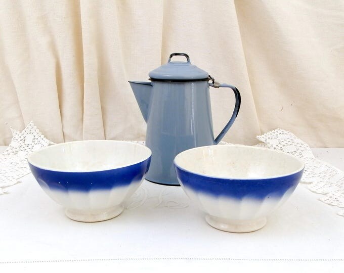 2 Antique Large Blue and White Coffee Bowls with Scalloped Sides from France, French Farmhouse Ceramic Café au Lait Bowl, Country Latte Bowl
