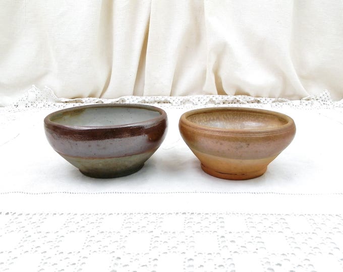 2 Antique Primitive French Rillette du Mans Stoneware Ceramic Bowls, Rustic Pottery Paté Dishes from Rural France, Country Kitchen Decor