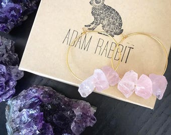 Rose Quartz Hoop Earrings, Raw Rose Quartz Earrings