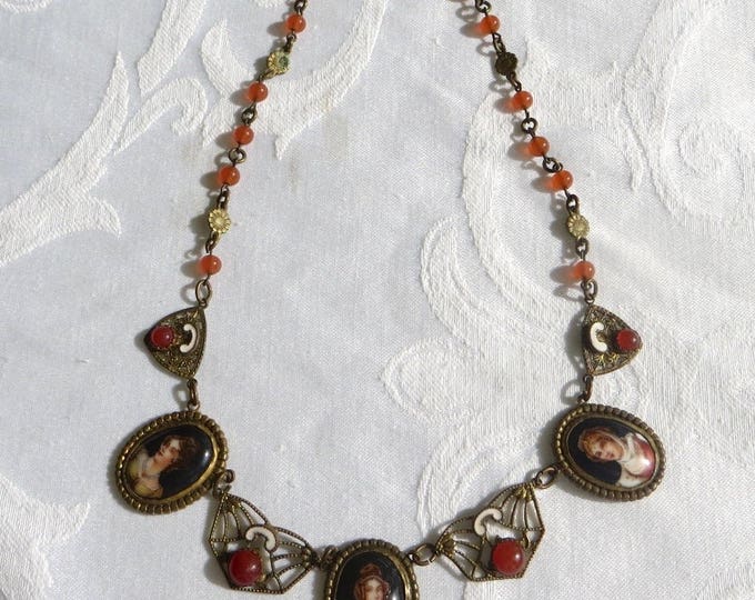 Antique Cameo Necklace, Czech Cameo Portrait Necklace, Carnelian Cabochons, Antique Cameos, Cameo Jewelry