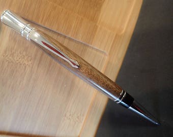 Hawaiian Kou Wood  Executive Style Pen, Hand Turned Rhodium Plated Twist Ballpoint Pen In A Rosewood Box