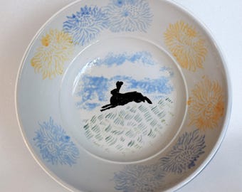 Pottery bowl The Running Black Hare and Carnations Handpainted Ceramic Fruit Bowl / Serving Dish / Salad Bowl