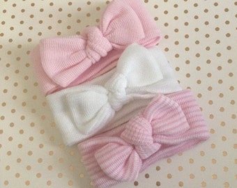 Newborn Girl Knot headbands. Hospital Newborn Headbands, Set of 3 Mini Headbands, Newborn's First Headbands, newborn girl hospital bow.