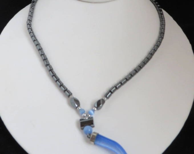 Vintage Hematite Pendant Necklace, Blue Glass Horn Pendant, Boho Costume Jewelry Gift Idea