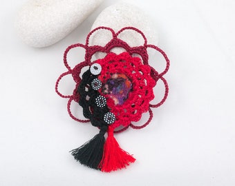 Textile brooch-Crochet lace brooch, Red-Black