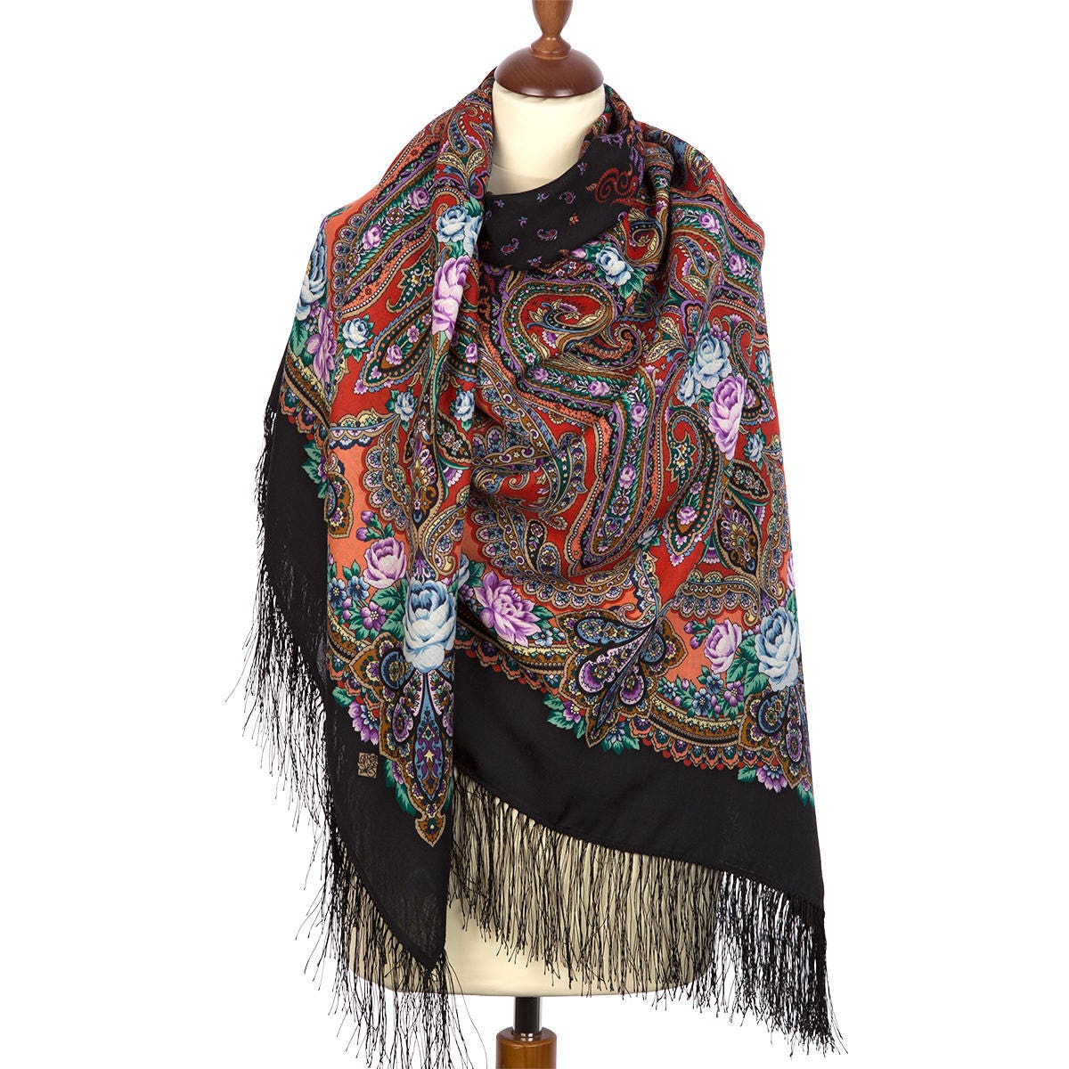 Russian Wool Shawl Pavlov Posad scarf Oversize black floral