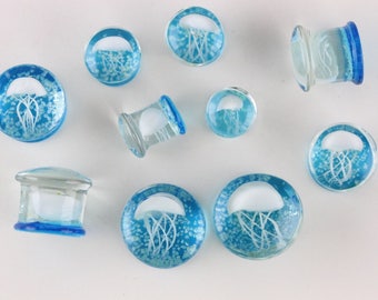 JellyFish Glow in the Dark Glass Plugs (8mm - 16mm) - Jellyfish plugs for stretched ears - G005