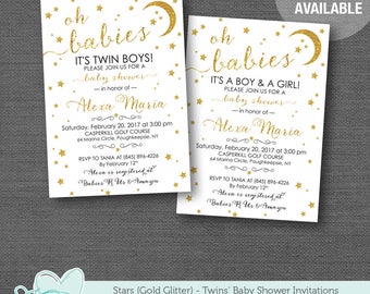 Stars Gold Glitter Twin Baby Shower Invitation, Twin Boys, Twin Girls, Twin Boy and Girl, Moon, Twinkle Twinkle, Printable, Printed, 2S