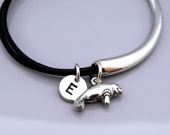 Manatee bangle, Manatee bracelet, Silver Manatee bracelet, Manatee charm jewelry, Leather bracelet, Leather bangle, Personalized bracelet