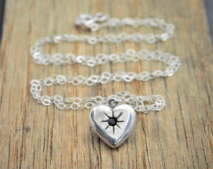 Silver Heart Necklace, Black Heart, Black Spinel Necklace, Black Spinel, Black Stone, Dainty Necklace, Natural Black Spinel, Tiny Heart