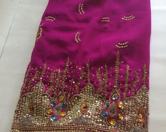 Vintage Fuschia Pink Chiffon Sheer Sari Sequin and Stone Detail - 1970s 1980s