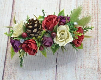 Bridesmaid comb Wedding headpiece Wedding hair piece Red purle ivory Bridal hair Woodland wedding hair flower Winter wedding hair style Comb