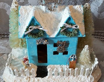 Vintage Inspired Putz House Shabby Chic Turquoise Christmas Snow House, Christmas Decoration, Christmas Village Glitter House