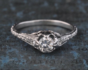Edwardian Engagement Ring-Victorian Engagement Ring-Art Deco Engagement Ring-1920s Engagement Ring-Solitaire Diamond Ring-18k WG