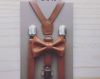 Caramel Brown Leather Suspenders and Bow Tie Brown Boys Suspenders Brown Rustic Wedding Suspenders
