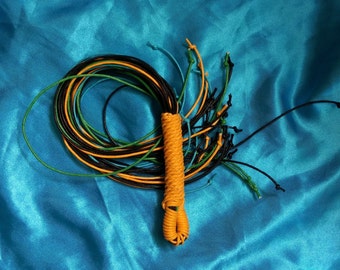 BDSM flogger, kinky but cute mature sex toy, yellow, green, blue and black, 15.5" lightweight flogger