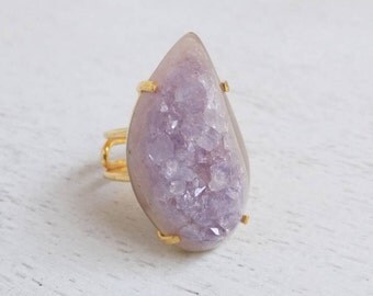 Amethyst Ring, Druzy Ring, Amethyst Druzy Ring, Large Gemstone Ring, Gold Stone Ring Adjustable Ring Statement Ring Purple Drussy Ring G3-45