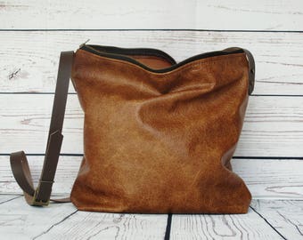 Caramel leather crossbody bag, distressed leather hobo, leather purse, leather handbag, leather shoulder bag