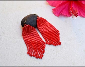 Red Earrings,Red fringe Earrings,Beaded fringe Earrings,Long Earrings,Gift Ideas,Seed bead Earrings,Gift for her,Nickel free,Apparel