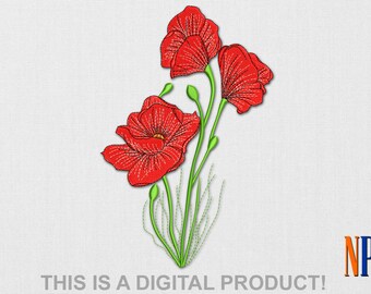 Poppys machine embroidery design. Flowers embroidery. Plants embroidery. Flowers patch. Embroidery file