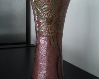 Vintage pink old Indian enameled brass vase