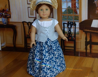 Fits 18" American Girl Doll Clothes / Felicity / Historical 1700's Colonial Caraco Lace Up Vest 4 Pc. Set with Bergere Straw Hat