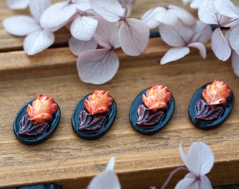 Vintage Japan Cabochons Plastic Raised Coral Rose Flower Oval Cabochons 13x18mm Floral Black Flat Back Cabs