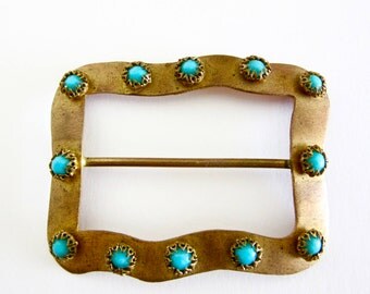 Brass Belt Buckle with Turquoise Beads