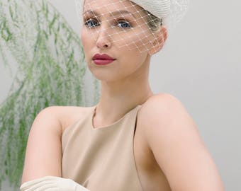 Birdcage Veil Bridal Hat, Summer Wedding Headpiece, Veiled Ivory Perch Hat - Laurelia