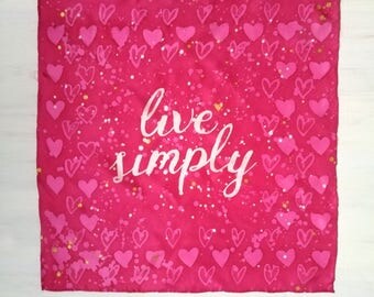 Fuscia Pink Small square scarf, Hearts, Quote scarf, Handpainted scarf, Silk neck scarf, Silk Bracelet