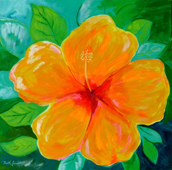 Orange Hibiscus 24x24 tropical art flower painting floral