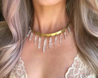Boho Wedding Necklace, Gold Boho Choker, Statement Choker, Healing Crystal Choker, Crystal Point Statement Necklace, Quartz Necklace Gold