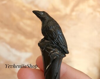 Hair stick pin raven. Summer outdoors. Gift woman. Hair sticks. Wooden hair stick Crow. Wood carving raven. Hairpin raven. Hairpin crow.
