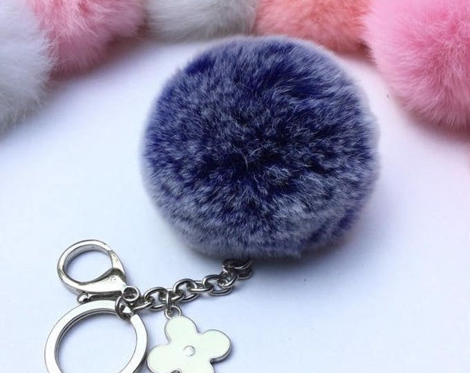 Silver Summer Series Blue Frosted REX Rabbit fur pompom keychain ball with flower bag charm