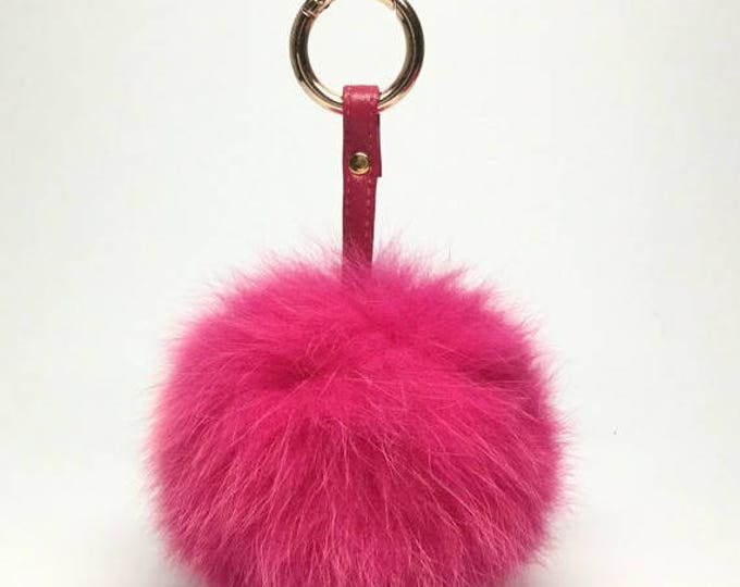 New FOX Fur Pom Pom bag charm keychain with real leather strapand buckle in Hot Pink with gentle white tips
