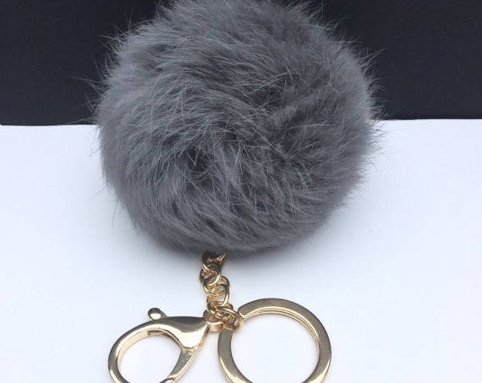 DIY wholsale Grey Real Genuine Rabbit fur pom pom keychain puff ball charm keyring